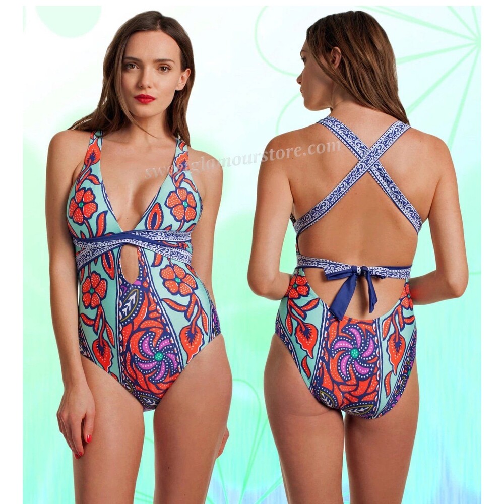 Trina Turk Women's Balinese Batik Cross Back One Piece Swimsuit TT7V409 Size 8
